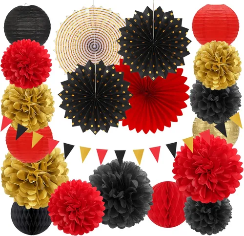 Miniatura 20 de Decoraciones de Fiesta de Navidad Rojo Verde-Blanco - 20 piezas Farolillos de Papel Mexicanos Italianos Abanicos, Pompones de Papel de Seda, Bolas