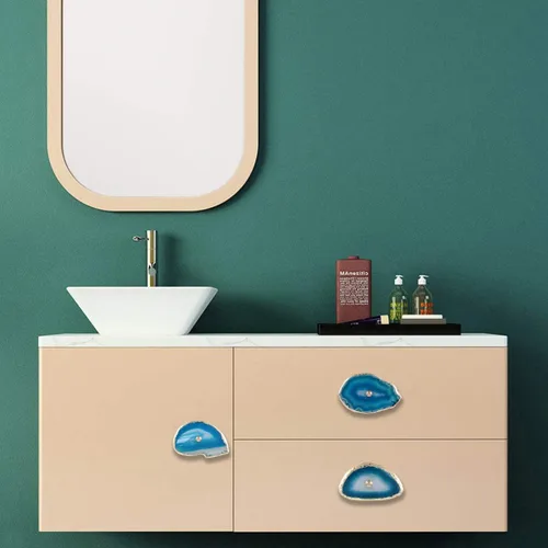 Miniatura 2 de Rockcloud Pomos de ágata azul para cajón, tiradores para armario de aparador, rebanada teñida con pomos de borde chapados en oro para decoración