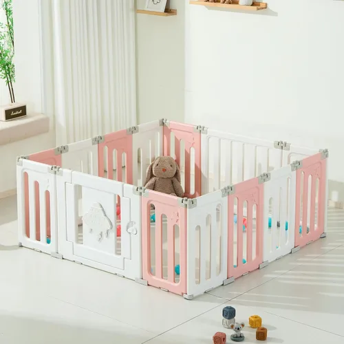 Miniatura 17 de Bestgame - Corralito para bebés - 14 paneles extragrandes plegables para niños pequeños, valla portátil en forma de OVNI, puerta, patio - Azul