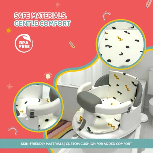 Miniatura 7 de BEBECAN Asientos de Baño Antideslizantes para Bebés 6-12 Meses, Silla de Bañera para Niños Pequeños con Cojín Lavable, Cepillo de Tapa y Taza