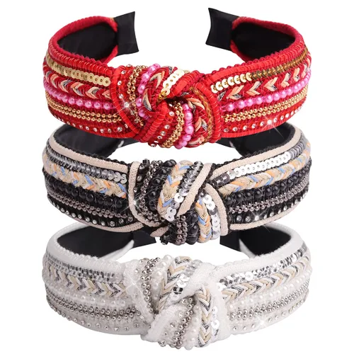Miniatura 9 de TOBATOBA Diademas anudadas para mujer, paquete de 3 diademas con cuentas de perlas de diamantes de imitación, diademas bohemias con nudo superior