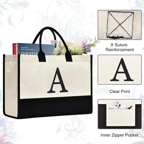 Miniatura 107 de Initial Canvas Tote Bag Birthdays Gift for Women Mom Teacher Friend Bridesmaid,Custom for Wedding Beach Holidays