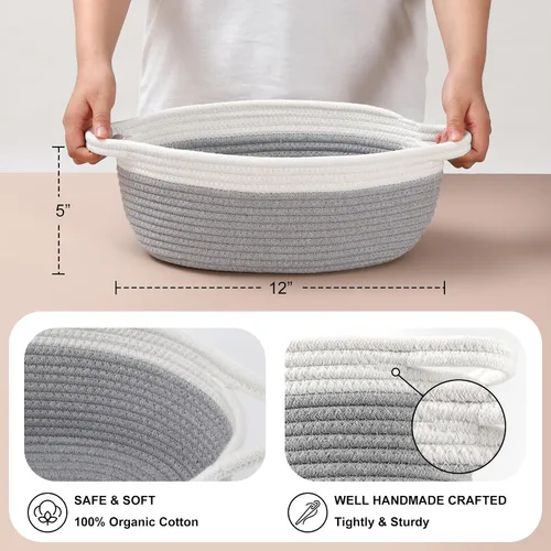 Miniatura 4 de Paquete de 4 canastas pequeñas tejidas con asas, cesta de almacenamiento de cuerda de algodón, bonita cesta de regalo para bebé para guardería, Gris