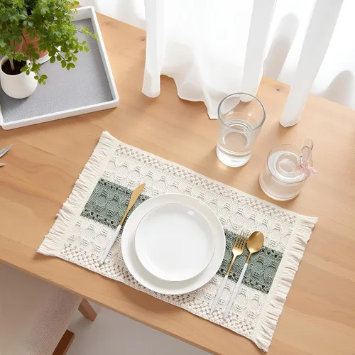 Miniatura 8 de Juego de 4 manteles individuales verdes de macramé para decoración de mesa con flecos, manteles individuales tejidos de arpillera natural para mesa