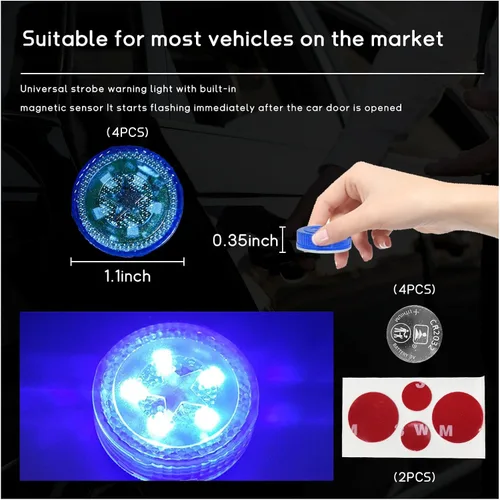 Miniatura 2 de Dickno 4 luces LED inalámbricas de advertencia para puerta de automóvil, 5 luces LED de señal de seguridad intermitentes automáticas en carretera