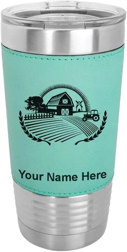 Miniatura 20 de LaserGram Vaso aislado al vacío de 20 onzas, granja, grabado personalizado incluido (piel sintética, estilo béisbol)