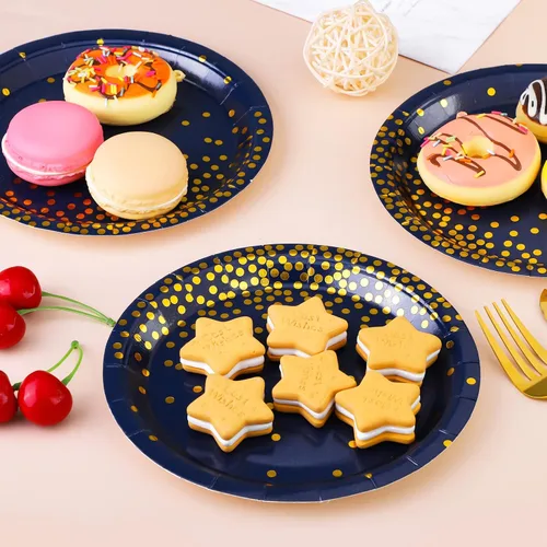 Miniatura 4 de Aneco 60 platos de papel desechables de 7 pulgadas, platos de papel azul marino azul y dorado, platos de postre redondos para bodas, despedidas