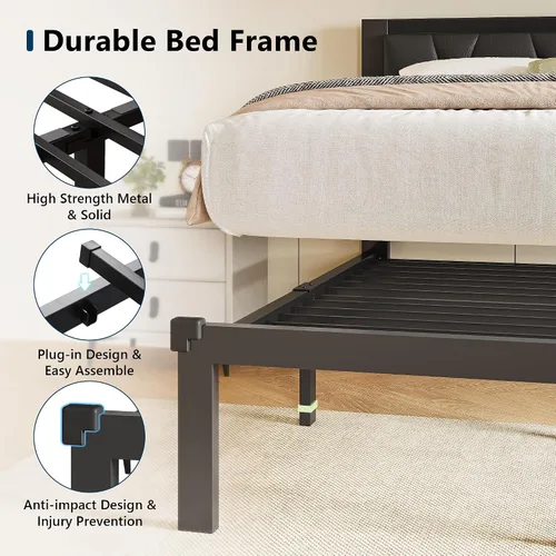 Miniatura 6 de GalnFu Base de cama de tamaño matrimonial con cabecera capitoné con botones, plataforma tapizada de piel sintética, marco de cama de metal