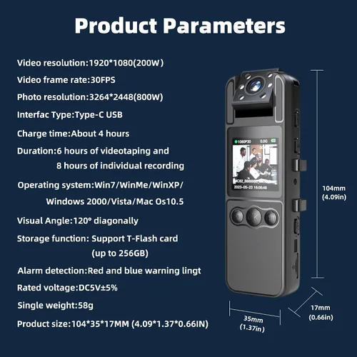 Miniatura 8 de Mini cámara corporal 4K con grabación de video, cámara corporal WiFi portátil con lente giratoria de 180° y visión nocturna para trabajo, viajes
