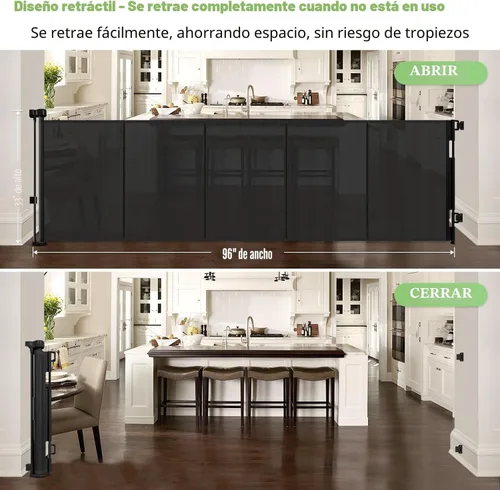 Miniatura 3 de Puerta retráctil reforzada de 96 pulgadas de ancho con varillas de apoyo, puerta retráctil extra larga para perros, puertas exteriores para Negro