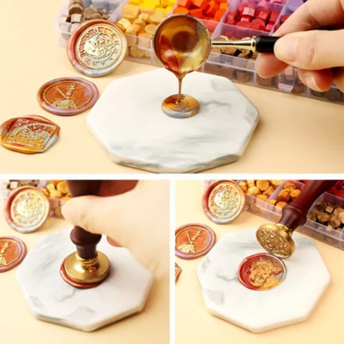 Miniatura 4 de Cuentas de sellado de cera, 300 cuentas de sello de cera blanca perla, 1 calentador de sello de cera de madera, 1 cuchara derretida y 10 velas de té