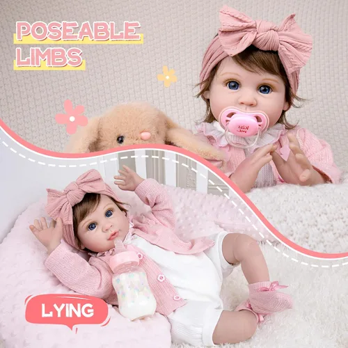 Miniatura 5 de Aori Muñecas realistas de bebé Reborn – Bebé niña realista de 22 pulgadas con biberón y chupete, cuerpo de tela pesada para una sensación realista