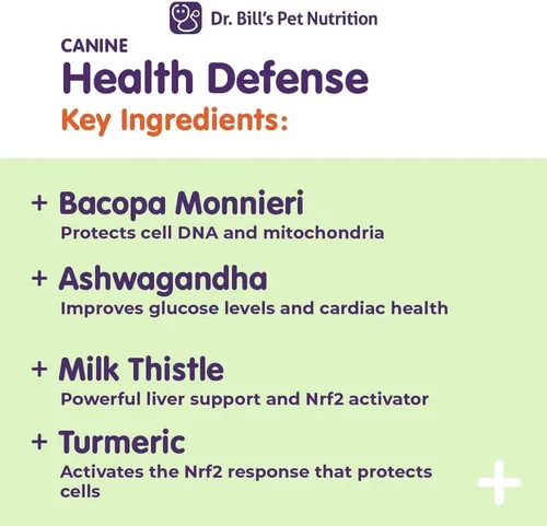 Miniatura 5 de Dr. Bill's Canine Health Defense Suplemento antioxidante para perros con cúrcuma, zinc, ashwagandha, cardo mariano, coenzima Q10 (CoQ10) y Bacopa