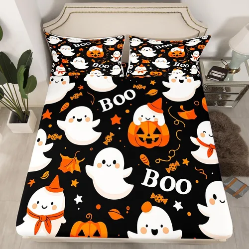 Miniatura 12 de Juego de sábanas bajeras con bonito diseño de gato negro para niños y niñas, diseño de dibujos animados de Halloween, gato, animales, sábanas
