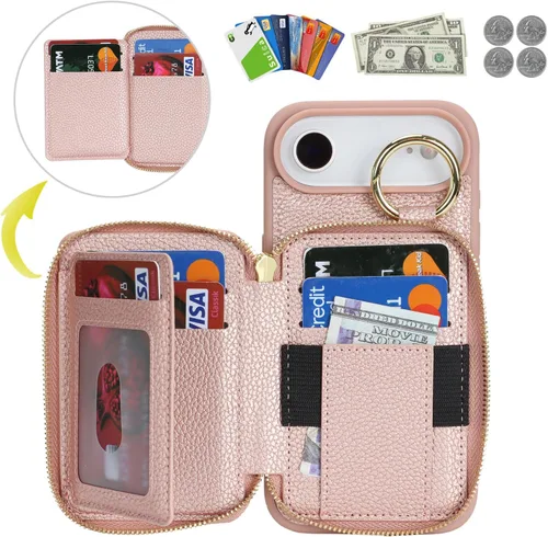 Miniatura 2 de Funda compatible con iPhone Air Wallet con tarjetero para iPhone Air, funda con cremallera y ranura para mujer, 5G de 6.5 pulgadas, color oro rosa