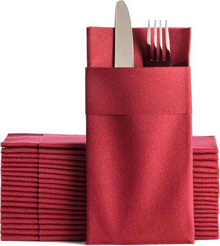 Servilletas de papel de color borgoña con bolsillo incorporado para cubiertos, desechables y con sensación de lino para cocina, baño, fiestas,
