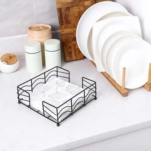 Miniatura 6 de Servilletero plano, moderno servilletero de metal negro para cocina y mesa de comedor, elegante diseño de ondas, servilleteros cuadrados para Mate