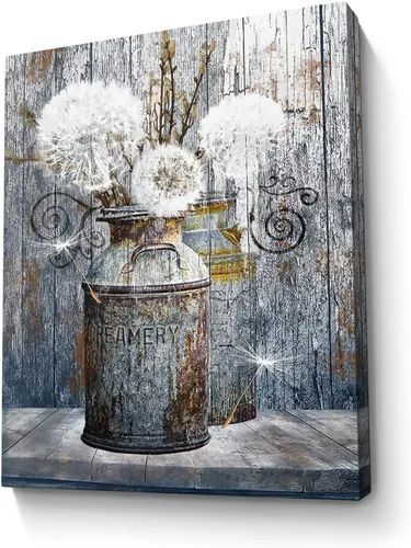 Arte de pared rústico de diente de león, pintura vintage de latas de leche, arte moderno enmarcado para decoración de dormitorio y baño, 12 x 16