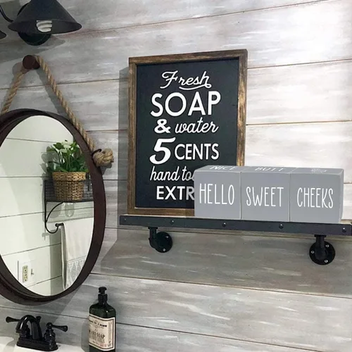 Miniatura 2 de Decoración de baño de granja de 4 lados para estantes y mostrador, divertido letrero rústico de madera para invitados de baño, bonito trasero y gris