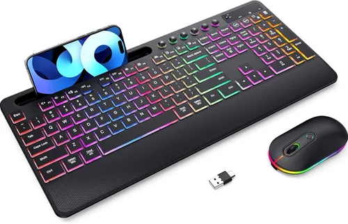 Miniatura 7 de Combinación ergonómica de teclado y mouse inalámbricos, LIZRROT 2.4 GHz, silencioso, de longitud completa, soporte de muñeca, soporte para teléfono