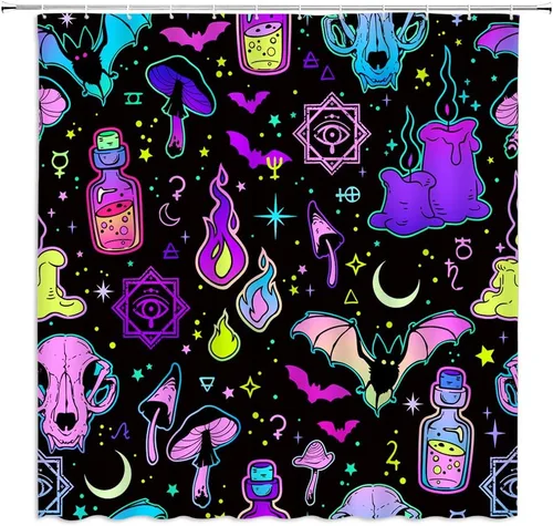 Miniatura 7 de GCTNBJL Cortina de ducha de Halloween para caravana, espeluznante alquimia bruja, tablero de ouija, murciélago, cráneo, hongo gótico, luna