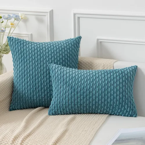 Miniatura 56 de K Kevin Textile - Juego de 2 fundas de almohada decorativas de corduroy suave azul con rayas estilo bohemio, fundas de almohada para sofá, cama