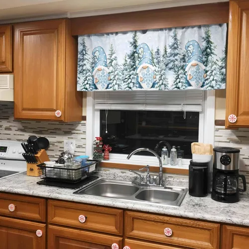 Miniatura 8 de Cenefas de gnomo de invierno para cocina, cafetería, cenefa de ventana de pino nevado de Navidad, cortinas cortas de copo de nieve azul, 60 x 18