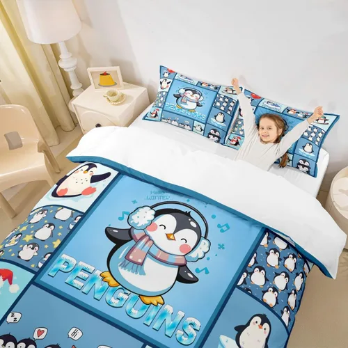 Miniatura 3 de Juego de funda de edredón de pingüinos de dibujos animados para niños, tamaño King, lindo juego de ropa de cama de esquí de animales árticos, Multi