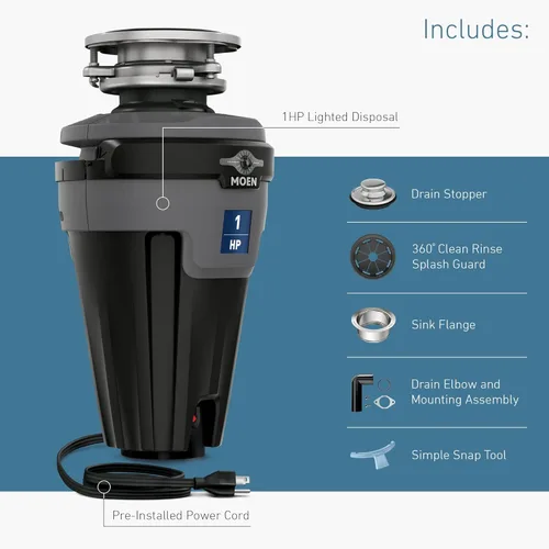 Miniatura 6 de Moen Chef Series 1 HP - Triturador de basura con alimentación continua y luz, reducción de ruido para debajo del fregadero, incluye cable