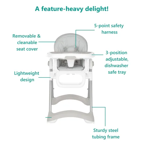 Miniatura 5 de Dream On Me Solid Times - Silla alta para bebés y niños pequeños en gris, múltiples posiciones de reclinación y altura, silla alta ligera y portátil