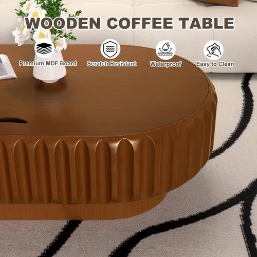 Miniatura 5 de Mesa auxiliar ovalada con almacenamiento, mesa de centro moderna acanalada de 43.3 pulgadas con tapa extraíble para sala de estar, mesa central