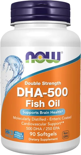NOW Foods Suplementos, DHA-500 con 250 EPA, destilado molecularmente, apoya la salud cerebral*, 90 cápsulas blandas