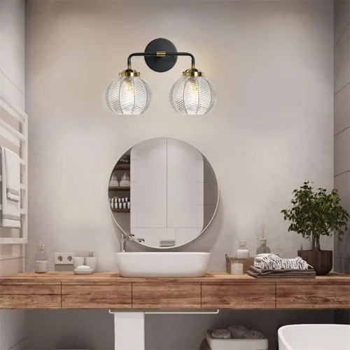 Miniatura 8 de Lámpara de tocador de baño de 2 luces, luces de globo de vidrio transparente, lámpara de montaje en pared negra con pantalla de vidrio acanalado