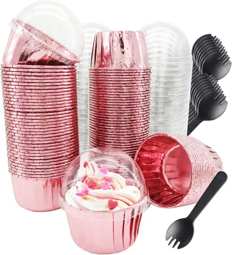 Free-Air - Moldes para cupcakes con tapas de cúpula, paquete de 100 unidades, mini moldes de aluminio para hornear magdalenas, moldes desechables