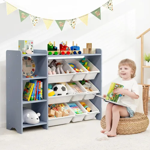 Miniatura 2 de MallBest Estante organizador de almacenamiento de juguetes para niños de 4 niveles, 100% madera maciza, armario de almacenamiento para niños con 9