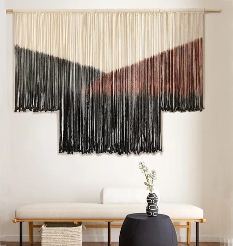 Flber Tapiz de macramé para colgar en la pared, diseño geométrico de teñido anudado negro, decoración de pared bohemia para el hogar, 59 pulgadas de