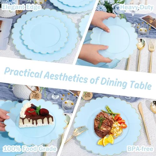 Miniatura 3 de LIYH - 120 platos de plástico azul bebé con borde dorado, platos desechables de plástico azul claro, incluye 60 platos llanos de 10.25 pulgadas y 60