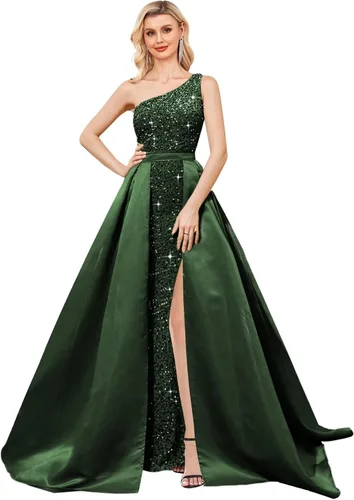 Vestido de fiesta de lentejuelas de un hombro 2025 con vestido de baile de satén desmontable, vestidos de noche formales brillantes para mujer con