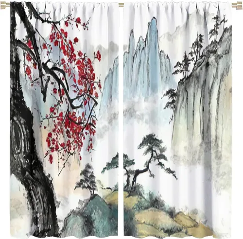 Miniatura 36 de Cortina japonesa con diseño de cerezo en flor, montañas, río, nubes, pinos, paisaje, naturaleza, asiático, anime, oscurecimiento de habitación