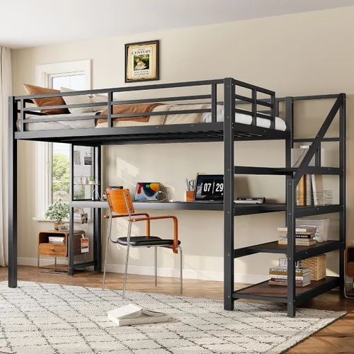Miniatura 10 de Bellemave Cama tipo loft de metal de tamaño matrimonial con escritorio en forma de L, marco de cama tipo loft con luz LED, estación de carga