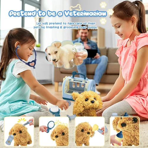 Miniatura 4 de TEUVO Juego de cuidado de mascotas con juguetes de perro robot para niños, 12 piezas de juguetes de juego veterinario para niños, kit
