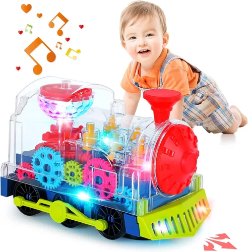 Juguetes de tren iluminado para niños pequeños, juguetes sensoriales interactivos para autismo con engranajes móviles coloridos, música y luz LED,