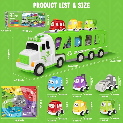 Miniatura 7 de Camión de juguete 7 en 1 para niños de 2, 3, 4, 5 años, camión transportador ecológico de 17 pulgadas más largo con 6 bonitos autos y tapete