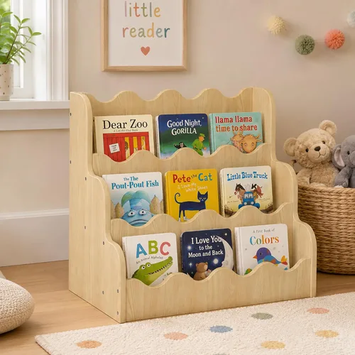 Miniatura 15 de NACHES Estantería Montessori de 4 niveles para niños, estante de madera con diseño festoneado, organizador de juguetes para guardería, dormitorio