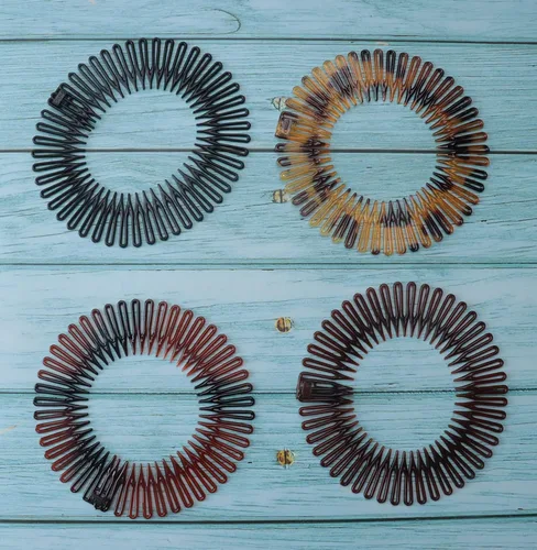 Miniatura 7 de Sowaka 4 piezas de peine elástico circular de plástico negro marrón círculo primavera diadema flexible soporte para el cabello peine para mujeres