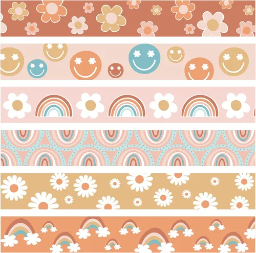 Tablero de anuncios Groovy de 69 pies, diseño bohemio, tiras rectas, retro, hippie con margarita sonriente y borde arcoíris para guardería, escuela