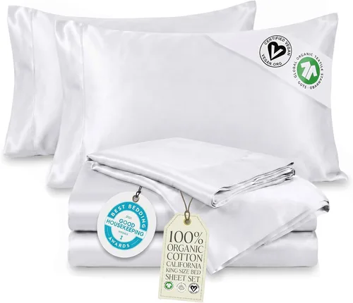 Miniatura 24 de Delilah Home Juego de sábanas de 300 hilos 100 % algodón orgánico, verificado por GOTS y Vegan.org, ropa de cama de satén de 300 hilos,