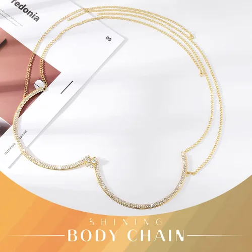 Miniatura 2 de Jeweky Cadena de cuerpo con diamantes de imitación dorados, soporte de pecho, cadenas de brasier, joyería para el cuerpo, bikini, discoteca