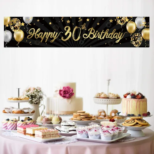 Miniatura 7 de Cartel de feliz cumpleaños 30 para hombres y mujeres, letrero de 30 años de edad de oro y negro con purpurina, suministros de decoración de fiesta