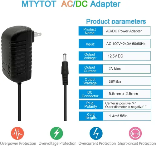 Miniatura 3 de Adaptador de pared de 12.6V 2A AC/DC 100-240 AC a DC Adaptador de fuente de alimentación de 12.6 voltios Transformador Cargador Hoverboard de 0.098